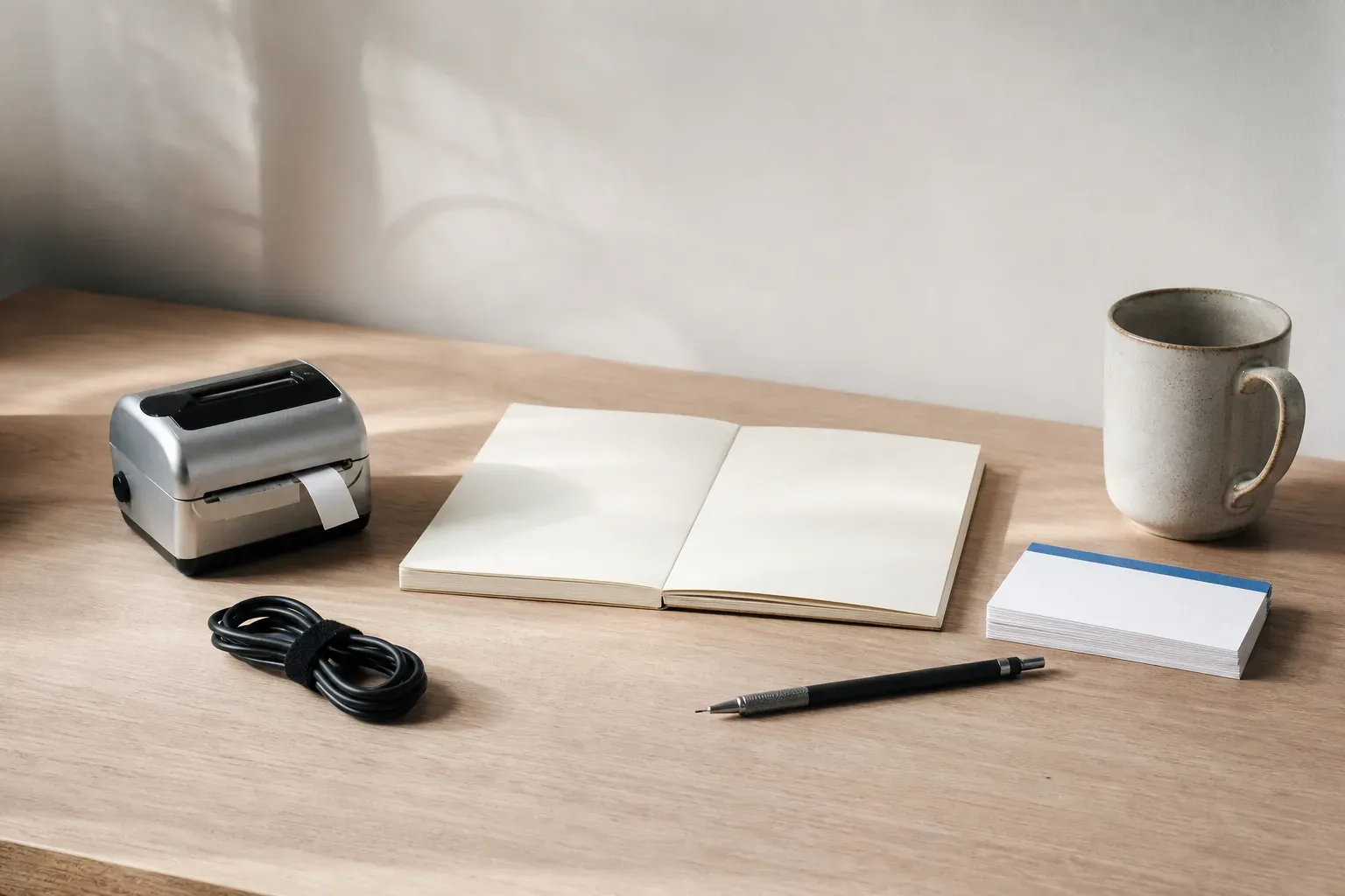 A quiet workbench with a label maker, blank notebook, cable, pencil, index cards, and ceramic cup.